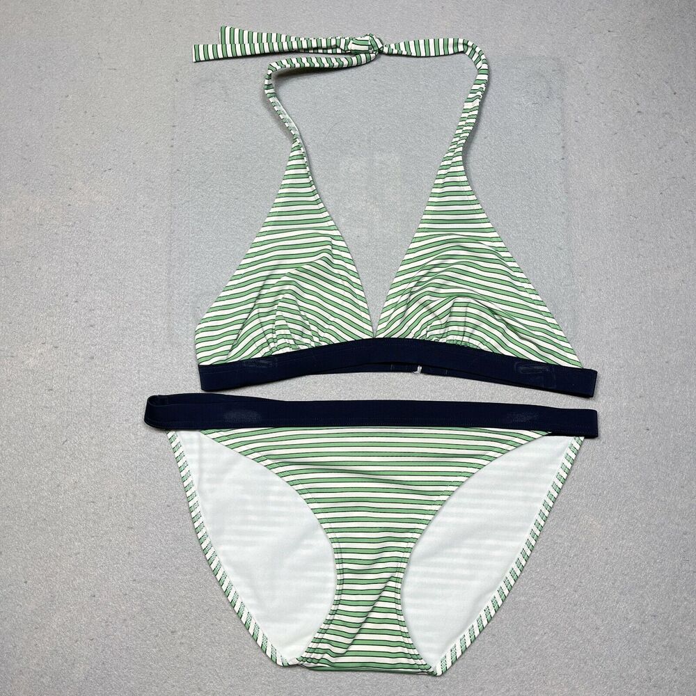 Ann Taylor LOFT Bikini Set Women Size Large Green White Stripe Halter Swimwear